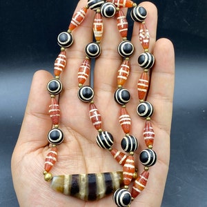 Gorgeous old ancient etched carnelian bead with round agate bead necklace