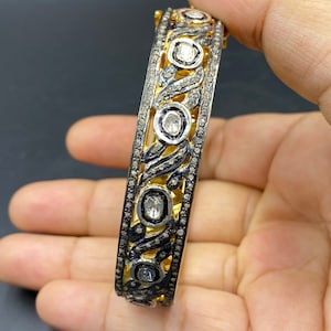 Diseño vintage corte rosa polki diamante bangle 925 plata chapado en oro hecho a mano