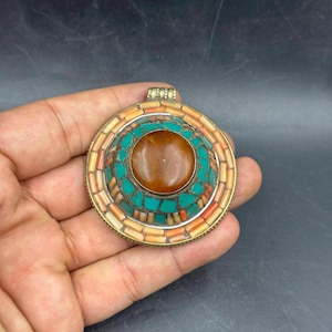 Old antique natural turquoise coral amber silver Tibetan pendent
