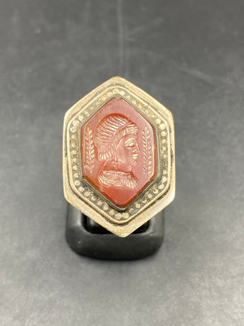 Vintage old tribal sterling silver carved carnelian ring intaglio handmade
