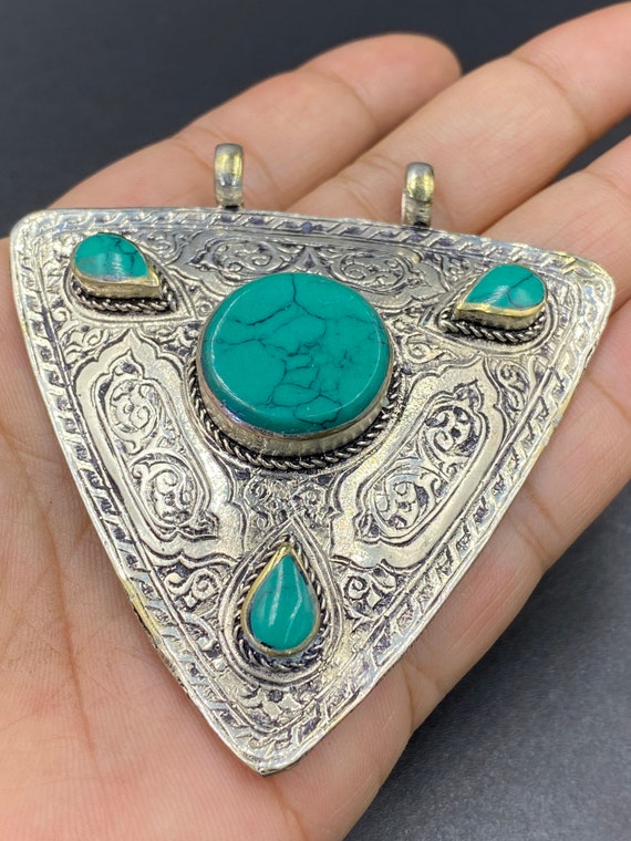 Vintage Afghan traditional malachite stone penden… - image 1