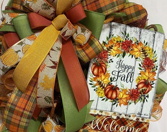 Fall Wreath, Welcome Wreath, Happy Fall Wreath, Fall Colors Door Decor