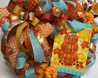 Fall Pumpkin Wreath, Stacked Pumpkin Wreath, Orange and Blue Fall Colors, Ready to Ship