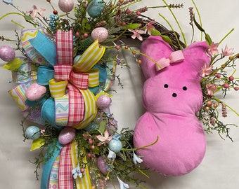 Pink Plush Easter Bunny Wreath, Plush Marshmallow Bunny Wreath, Bunny Grapevine Wreath, Front Door Easter Wreath