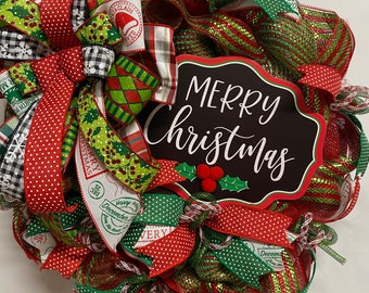 Merry Christmas Wreath, Holiday Decor, Traditional Christmas Colors Wreath