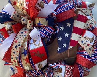 Patrotic Cowboy Boot Wreath,  Red, White and Blue  Wreath, Patriotic Wreath, Patriotic Country Wreath, Country Decor, American Cowboy Decor