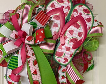 Watermelon Wreath, Watermelon Flip Flops Door Decor, Summertime Wreath, Flip Flop Wreath