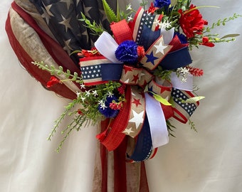 Rustic Americana Grapevine Wreath; Patriotic Front Door Decor; Patriotic Decor with Flag-scarf and Florals