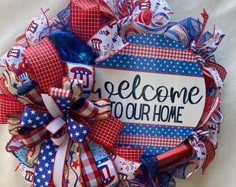 Patrotic Welcome to our Home Wreath, Red, White and Blue Wreath, Patriotic Wreath