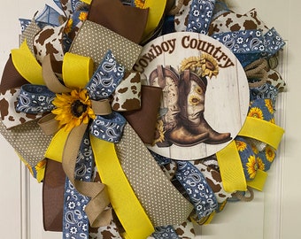 Cowboy Country Wreath,  Rustic Cowboy Country Wreath, Sunflower Cowboy Boot Decor