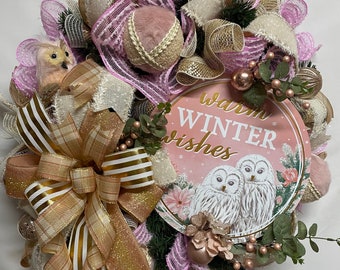 Winter Owl Wreath, Winter Wishes Front Door Decor, Owl Wreath, Pink and Rosegold Wreath, Gift for Owl collector, Pink Winter Wreath