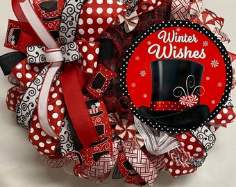 Red, Black and White Wreath, Winter Wishes Wreath, Snowman Hat Decor, Peppermint Decor, Christmas Gift for Mom,