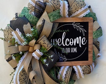 Farmhouse Welcome Wreath; Rustic Welcome Wreath; Stylish Black, Green, Tan Front Door Decor; Everyday Wreath