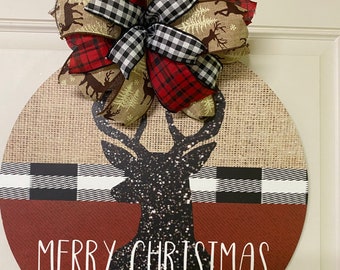 Merry Christmas Door Hanger, Woodland Christmas Door Hanger, Merry Christmas Deer Front Door Decor,