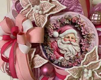 Pink Santa Wreath, Pink Christmas Door Decor, Gift for Santa Collector, Front Door Christmas Decor