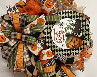 Halloween Wreath-Harlequin Pumpkin Witch, Trick or Treat Decor, Quirky Halloween Wreath