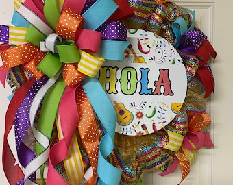 Fiesta Ready Wreath, Vibrant Hola Wreath for Fiesta Fun; Cinco de Mayo Celebration; Hispanic Hello Door Decor; Colorful Front Door Wreath,