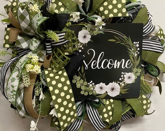 Welcome Wreath, Front Door Wreath, Everyday Wreath,  Black, Green and White Wreath, Everyday Decor,