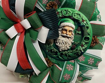 Green Santa Wreath, Green Christmas Wreath, Christmas Wreath with Santa, Gift for Santa collector