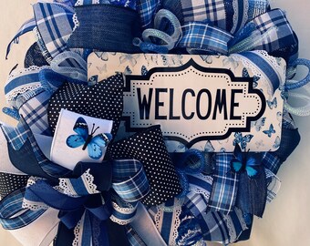 Blue Butterfly Welcome Wreath; Spring-Summer Door Decor;