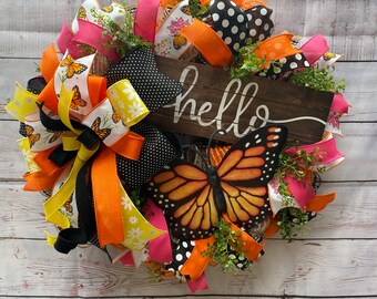 Butterfly Hello Wreath, Whimsical Butterfly Wreath, Colorful Butterfly Wreath
