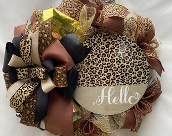 Wild and Welcoming Wreath; Jungle Chic Front Door Decor; Animal print inspired Hello Wreath