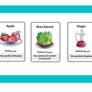 Printable HAft-Seen flash cards, Coloring Pages, Digital Downloadable, فلش کارت هفت سین نوروز در ۲ سایز اسامی فارسی و انگلیسی و رنگ آمیزی image 1