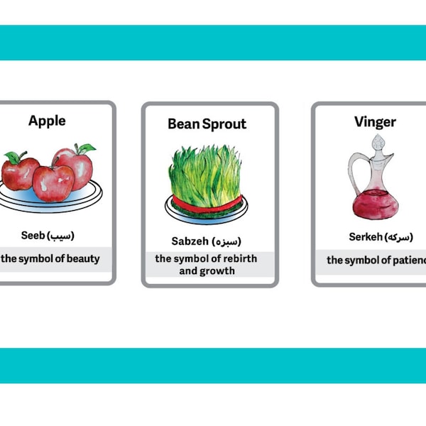 Printable HAft-Seen flash cards, Coloring Pages, Digital Downloadable,  فلش کارت هفت سین نوروز در ۲ سایز اسامی فارسی و انگلیسی و رنگ آمیزی
