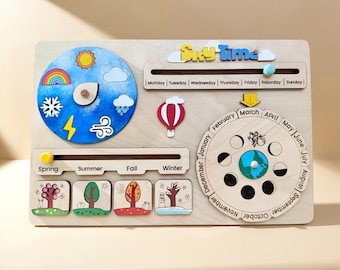 kids Calendar & Weather chart, hand painted, educational, week Days, months, seasons, morning Calendar, learning , wooden stand included