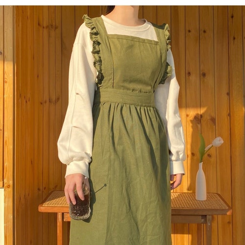 Linen Ruffle Cross Back Apron Vintage Solid Aprons Dress for Etsy
