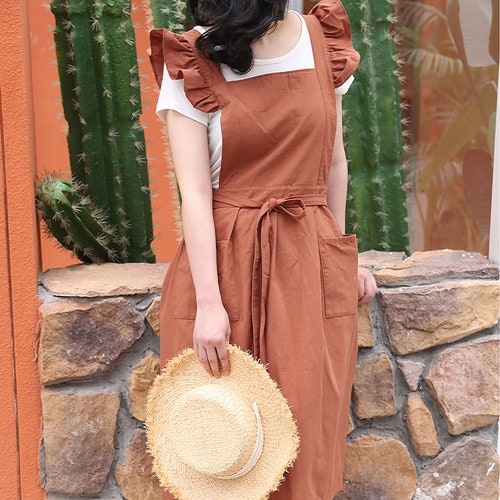 Linen Ruffle Cross Back Apron Vintage Solid Aprons Dress for Etsy