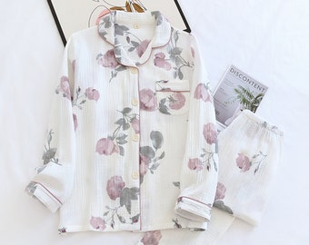 100% Cotton Pajama Set, Organic Cotton Gauze Women Pyjamas, cute Floral print Sleepwear
