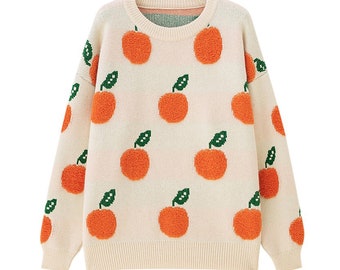 Orange Fruit Winter Knit Sweater, Female Crew Neck Pullover, Long Sleeve Jumper, Women Casual Sweatshirt