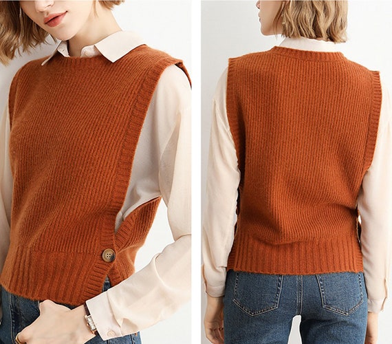 100% Merino Wool Knitted Vest Pullover Side Slits Sweater - Etsy España