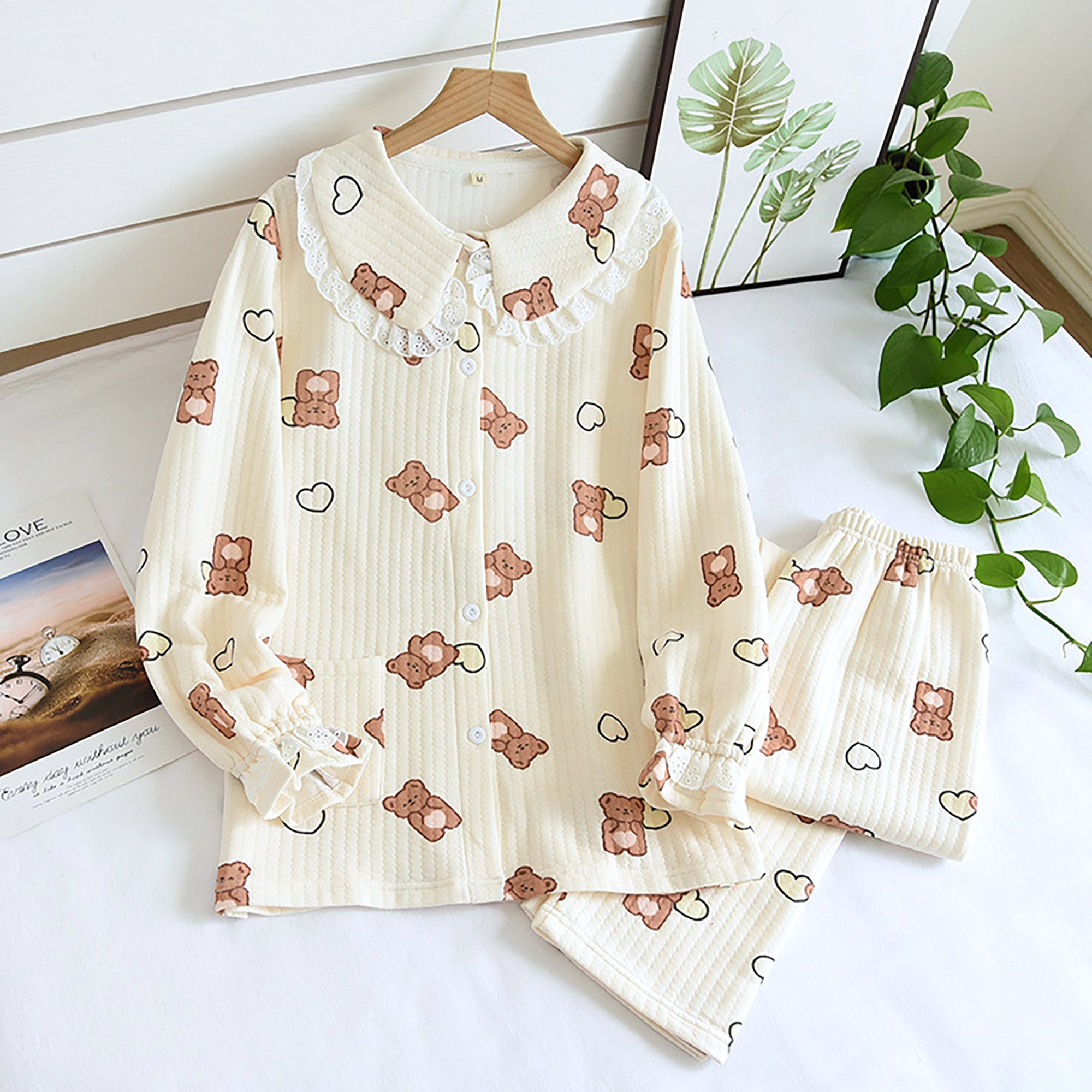 100% Cotton Cozy Pajama Set Cute Bear Print Thick Long Sleeve - Etsy