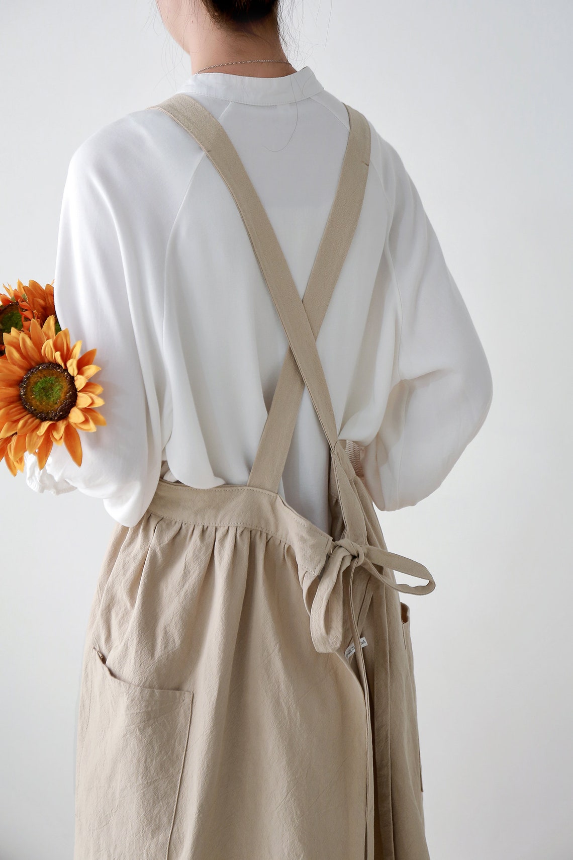 Linen apron dress cross back apron with pockets adjustable Etsy