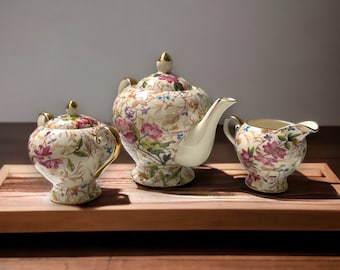 Fine China Royal Elfleda Tableware, Royal Elfleda Teapot, Sugar and Creamer Set, Victorian Style Tea Set, Floral Pattern Set, Original Box