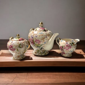 Fine China Royal Elfleda Tableware, Royal Elfleda Teapot, Sugar and Creamer Set, Victorian Style Tea Set, Floral Pattern Set, Original Box