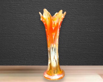 Marigold Style Carnival Glass Vase, Northwood Style Carnival Glass, Orange Swung Vase, 10 inch  Tall Orange Vase