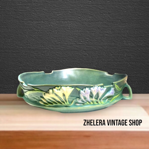 Roseville USA Pottery Vintage Freesia Double Handled Bowl 467-10, Roseville Console Green Planter Collector’s Gift Mid Century Decor