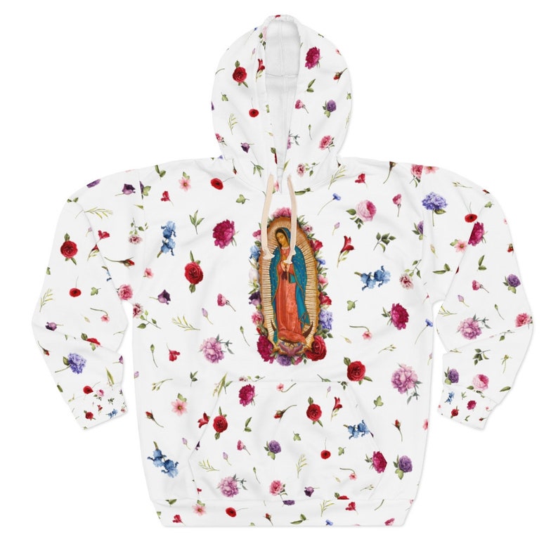 May include: White hoodie with a floral print and a picture of the Virgin Mary in the center.