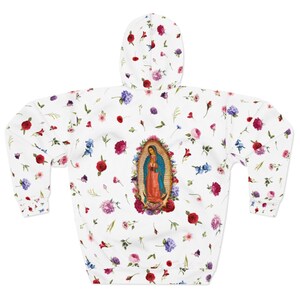 May include: White hooded sweatshirt with a floral pattern and an image of the Virgin Mary in the center.