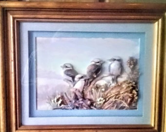 Vintage 1980's Framed Papertole Artwork Kookaburras