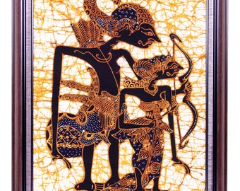 Batik-Stoffgemälde, Widder und Sita, handgemachtes original javanesisches/balinesisches Lokalgemälde, hinduistische Legenden, große Wandkunst