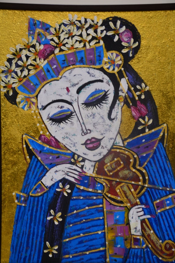 絵画 - バイオリンを持つバリの女性 絵画：金箔インドネシア美術（82 x 