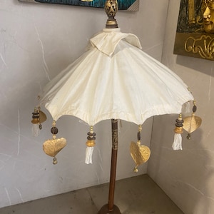 Handcrafted Tabletop Bali Umbrella Centerpiece /Balinese Umbrella on wooden stand symbolizing Prayers for home/office decor