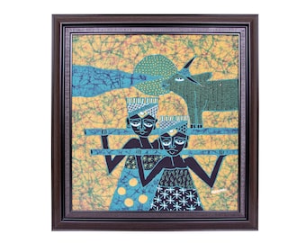Handmade Balinese Batik Painting: Two Tribal Children Art (20.5x21.5 inches)