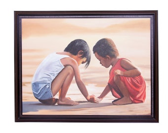 Handmade Balinese Canvas Painting,oil painting original,Children Playing on Beach