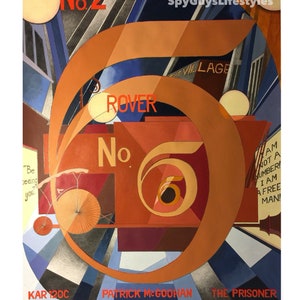May include: A colorful abstract art print with the text "No. 2" and "SpyGuysLifestyles" at the top. The print features a large orange number "6" with a smaller orange circle inside. The text "No. 6" is also visible in the center of the print. The print has a geometric design with blue, red, and yellow colors. The text "KAR 1200", "PATRICK MOGOOHAN", and "THE PRISONER" is at the bottom of the print.