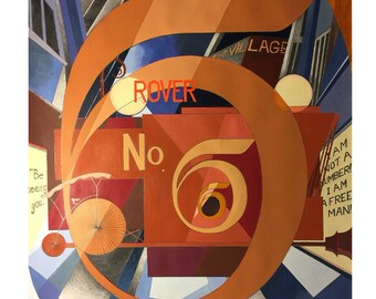 May include: A colorful abstract art print with the text "No. 2" and "SpyGuysLifestyles" at the top. The print features a large orange number "6" with a smaller orange circle inside. The text "No. 6" is also visible in the center of the print. The print has a geometric design with blue, red, and yellow colors. The text "KAR 1200", "PATRICK MOGOOHAN", and "THE PRISONER" is at the bottom of the print.